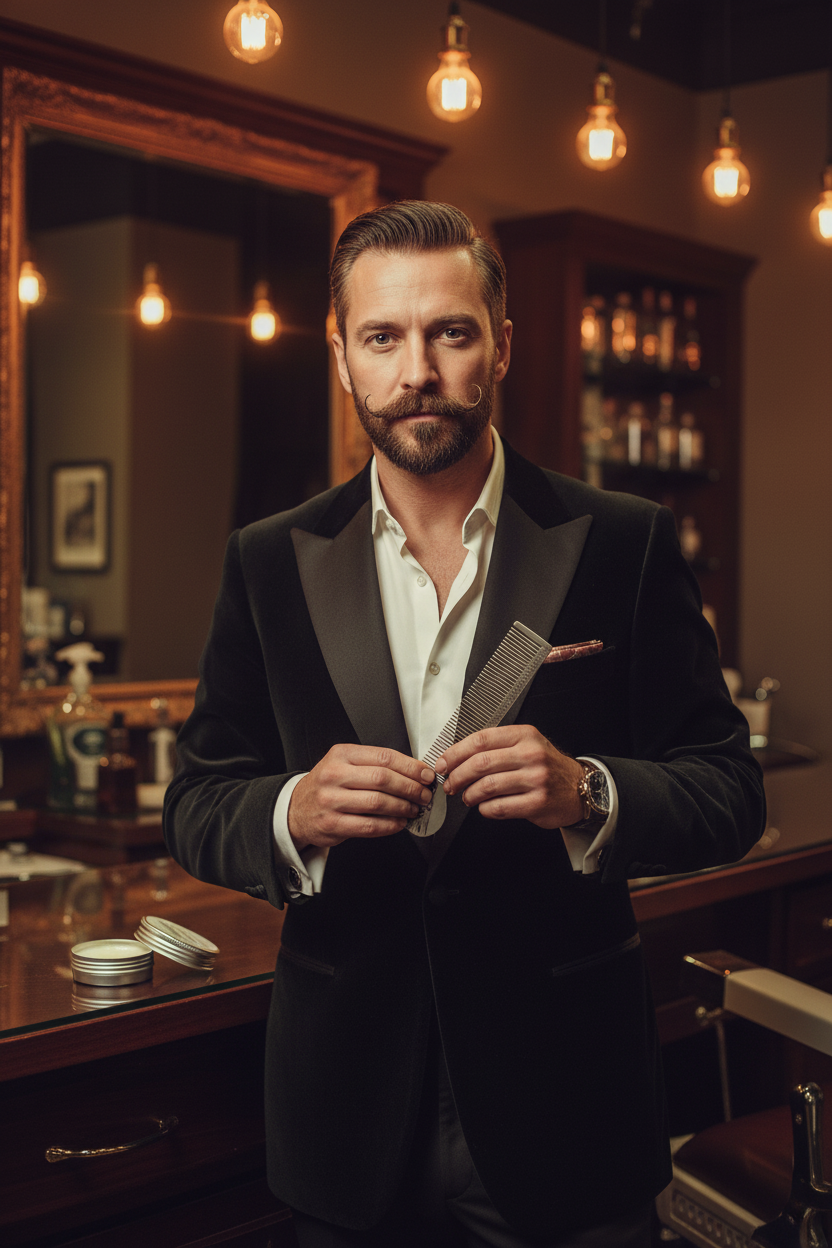 Distinguished dapper man holding Cruisin Organics stainless comb in luxury editorial