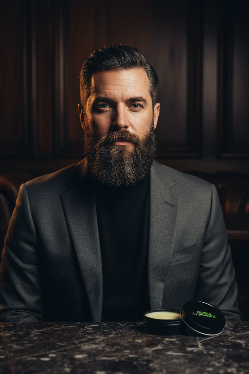 Distinguished man with a sovereign groomed beard beside Cruisin Organics Sovereign Beard Butter in a luxury editorial