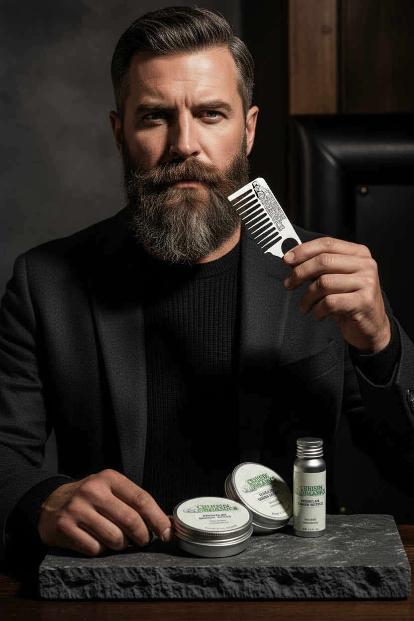 Distinguished man with an immaculate full beard holding the Cruisin Organics tiger wood comb from the Absolute Ritual set