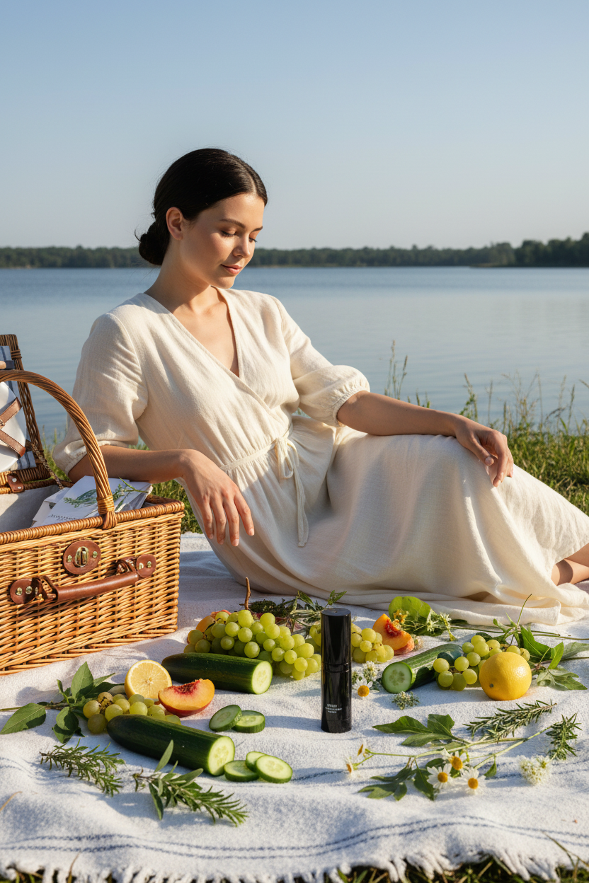 Elegant woman at waterside picnic with Cruisin Organics Cucumber Serum