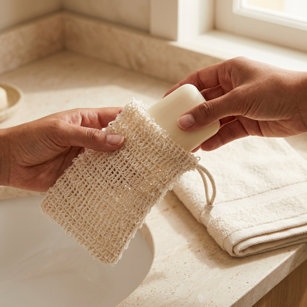 Hands placing a soap bar into the Agave Soap Saver