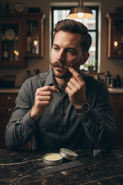 Handsome man applying Cruisin Organics Moustache Wax and combing moustache