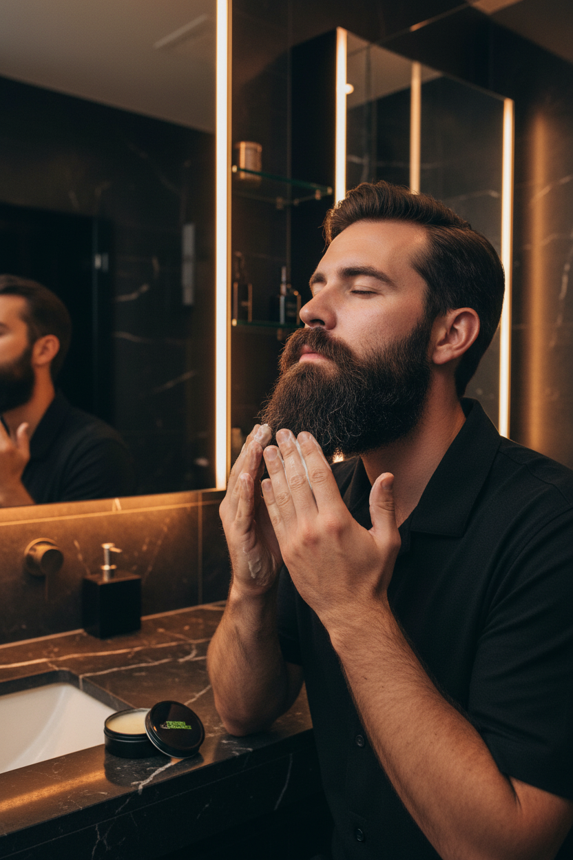Handsome man applying Cruisin Organics Sovereign Beard Butter to his full groomed beard