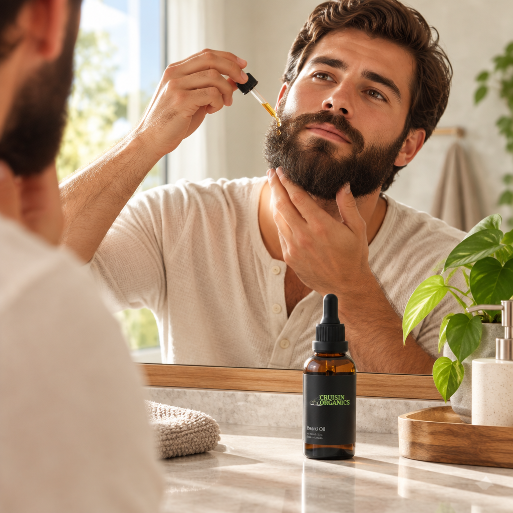 Man applying Cruisin Organics Daily Ritual Beard Oil in a bathroom mirror