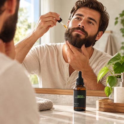 Man applying Cruisin Organics Daily Ritual Beard Oil in a bathroom mirror