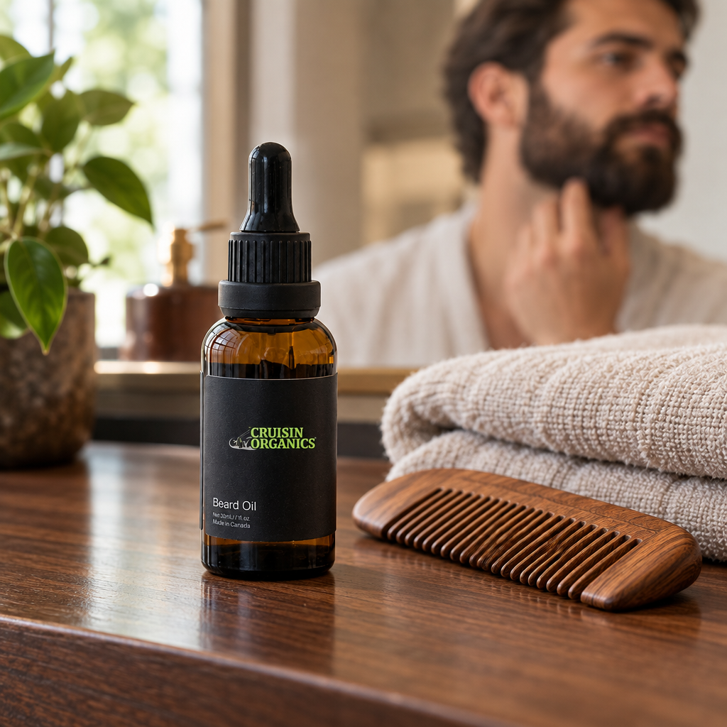 Cruisin Organics beard oil beside a wooden beard comb and folded towels on a vanity
