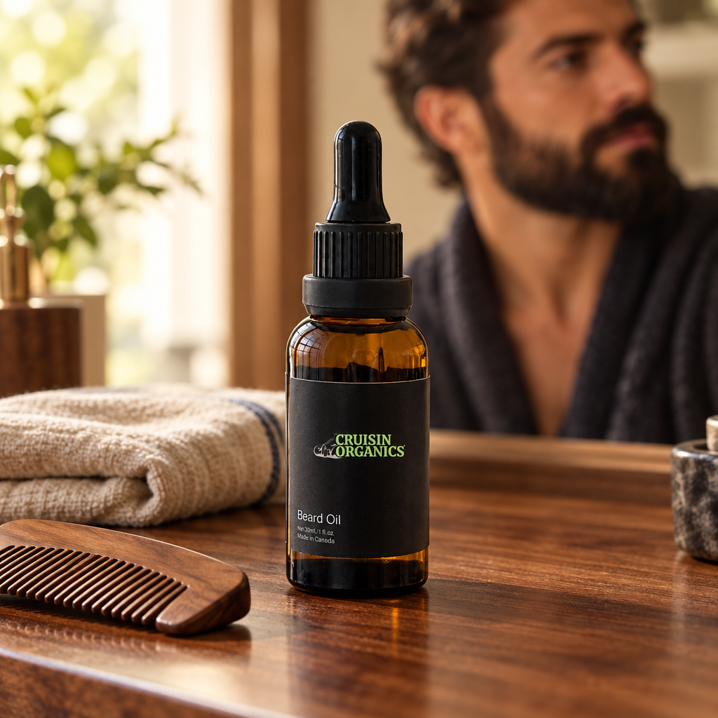 Cruisin Organics beard oil bottle beside a wooden comb and folded towel on a vanity