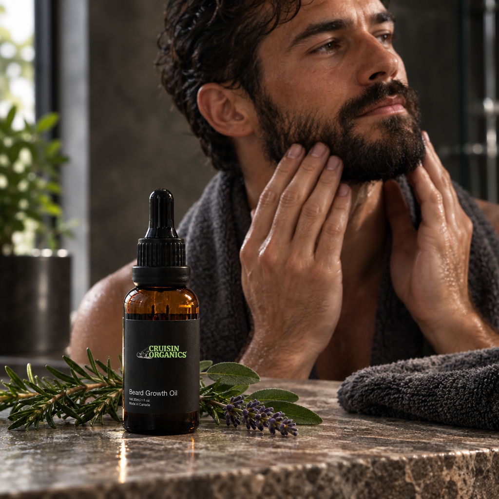Man massaging his beard beside Cruisin Organics Beard Growth Oil on a stone counter