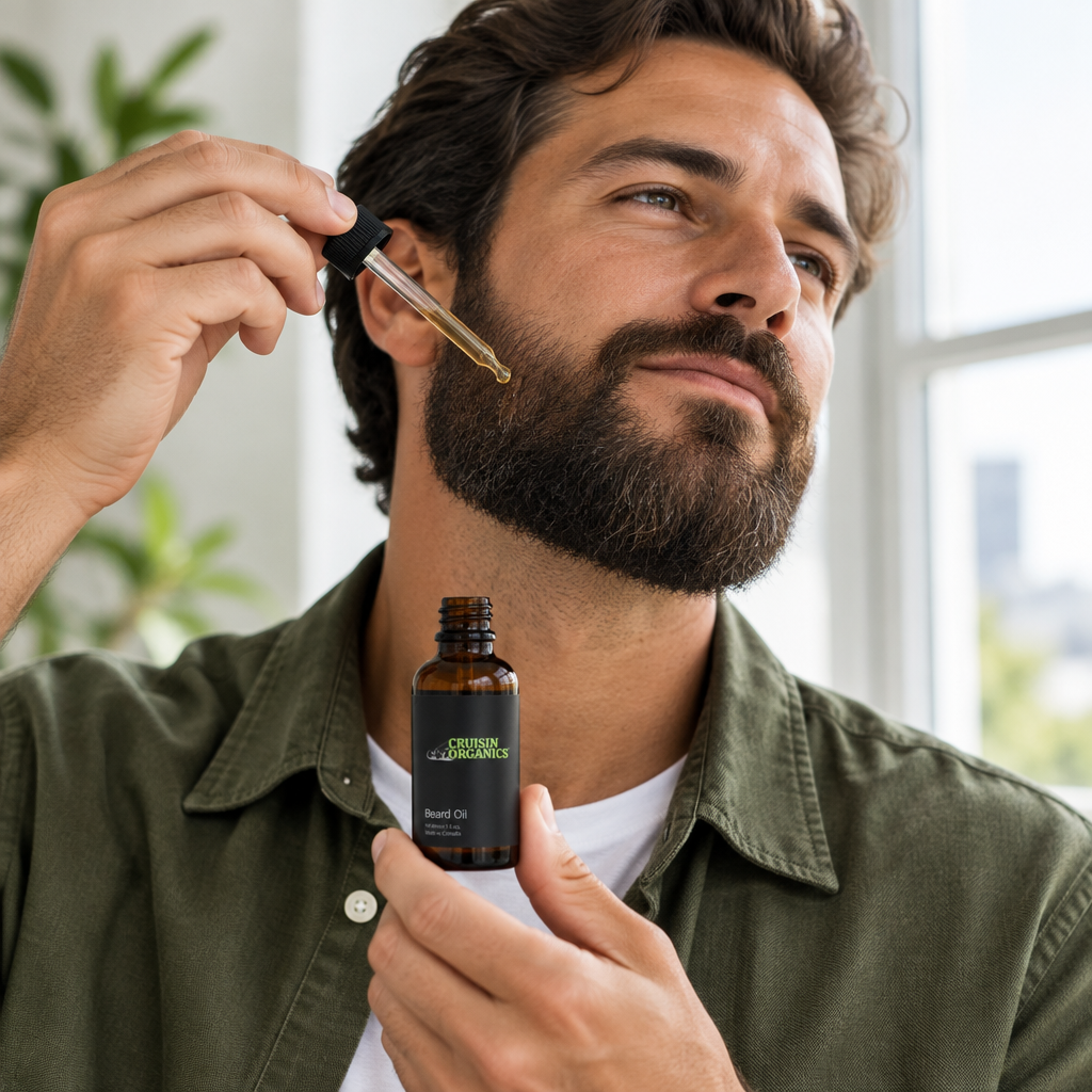Bearded man holding Cruisin Organics beard oil and a dropper beside a bright window