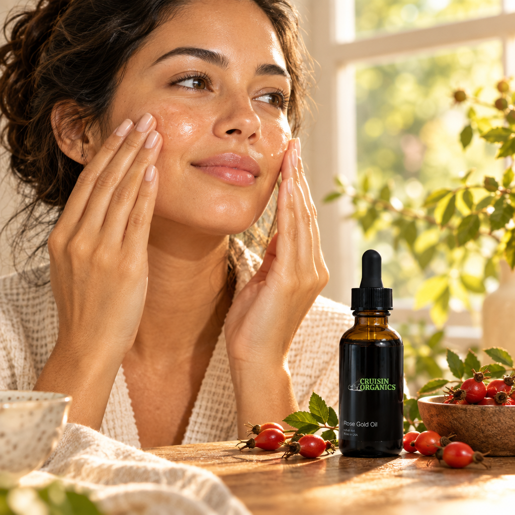 Woman massaging her face beside Cruisin Organics Rose Gold Facial Oil and rosehips