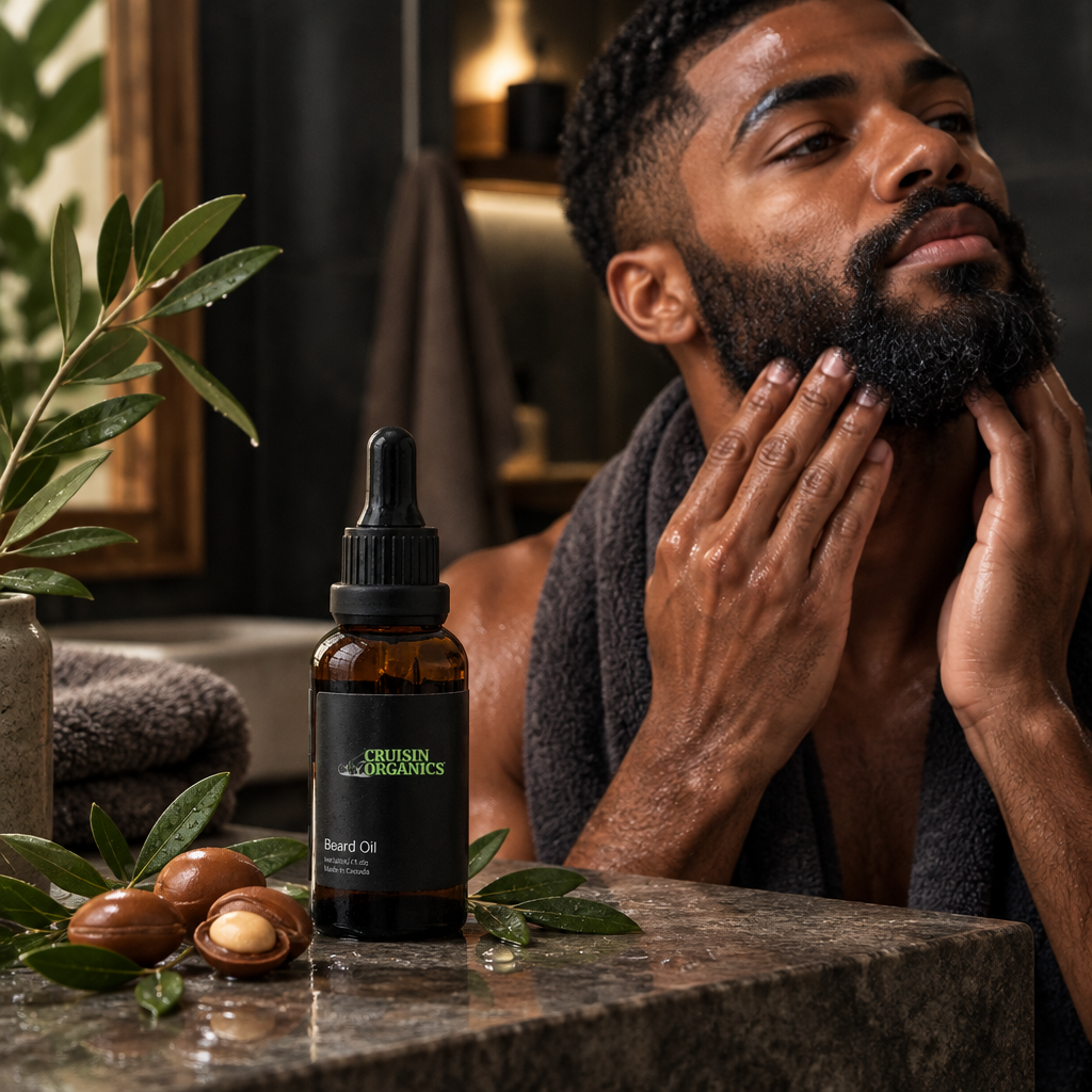 Man massaging his beard beside Cruisin Organics beard oil and argan nuts on a stone counter