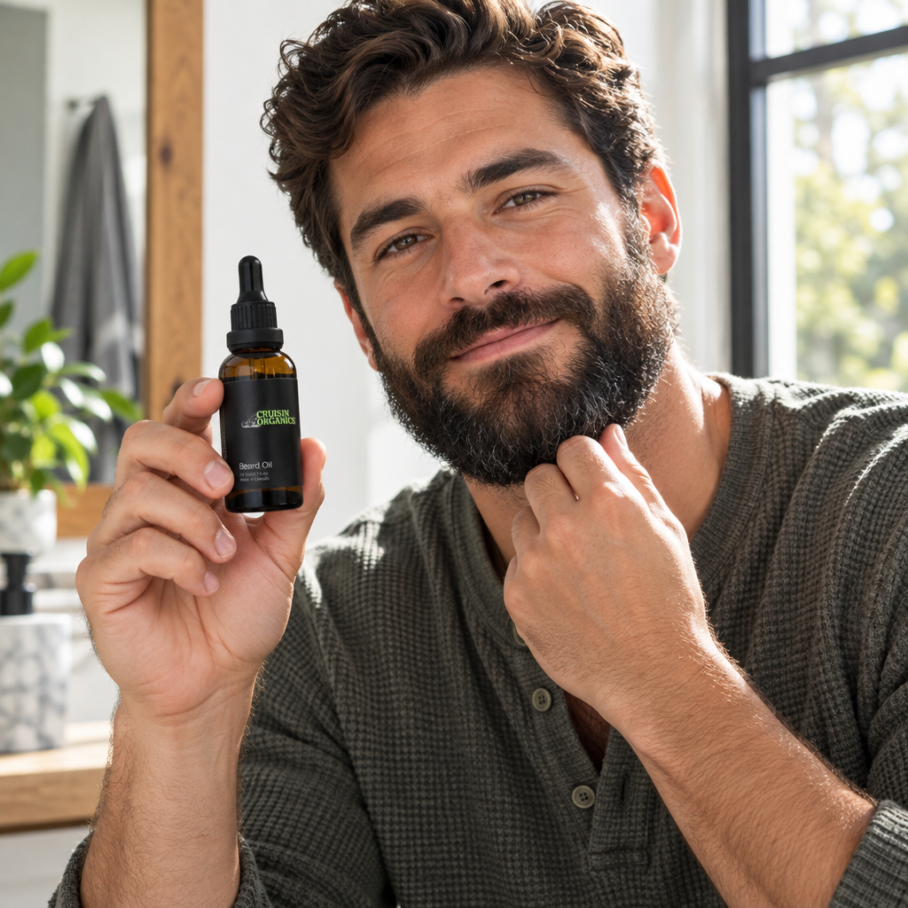 Bearded man holding Cruisin Organics Daily Ritual Beard Oil beside a window