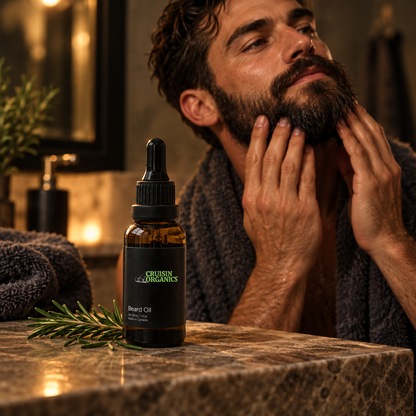 Man massaging his beard beside Cruisin Organics beard oil and rosemary on a stone counter
