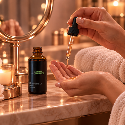 Hands dispensing Rose Gold Facial Oil from a dropper into a palm at an evening vanity
