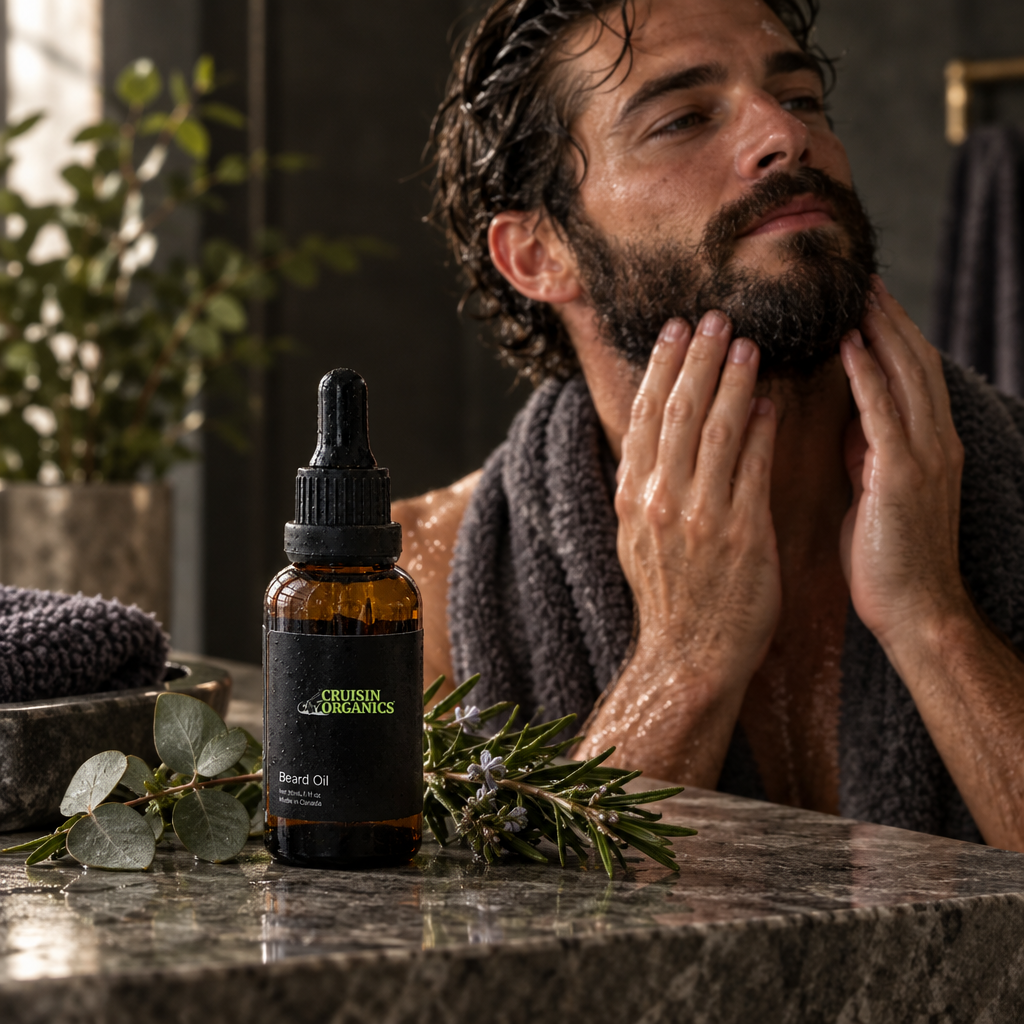 Man massaging his beard beside Daily Ritual Beard Oil on a stone counter