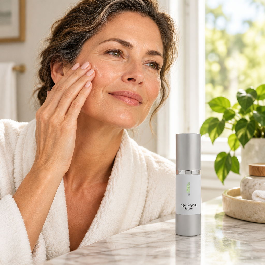 Woman pressing serum into her face beside an Age Defying Serum bottle near a window