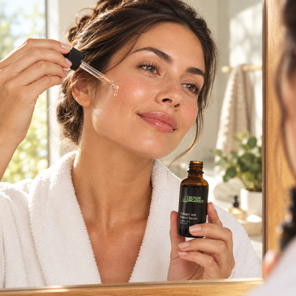 Woman applying Cruisin Organics Collagen and Retinol Serum by a bathroom mirror