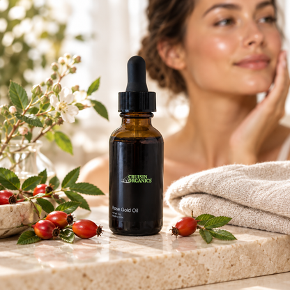 Cruisin Organics Rose Gold Facial Oil bottle with rosehips and a folded towel on a stone vanity