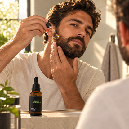 Man applying The Argan Beard Oil to his beard in a sunlit bathroom mirror