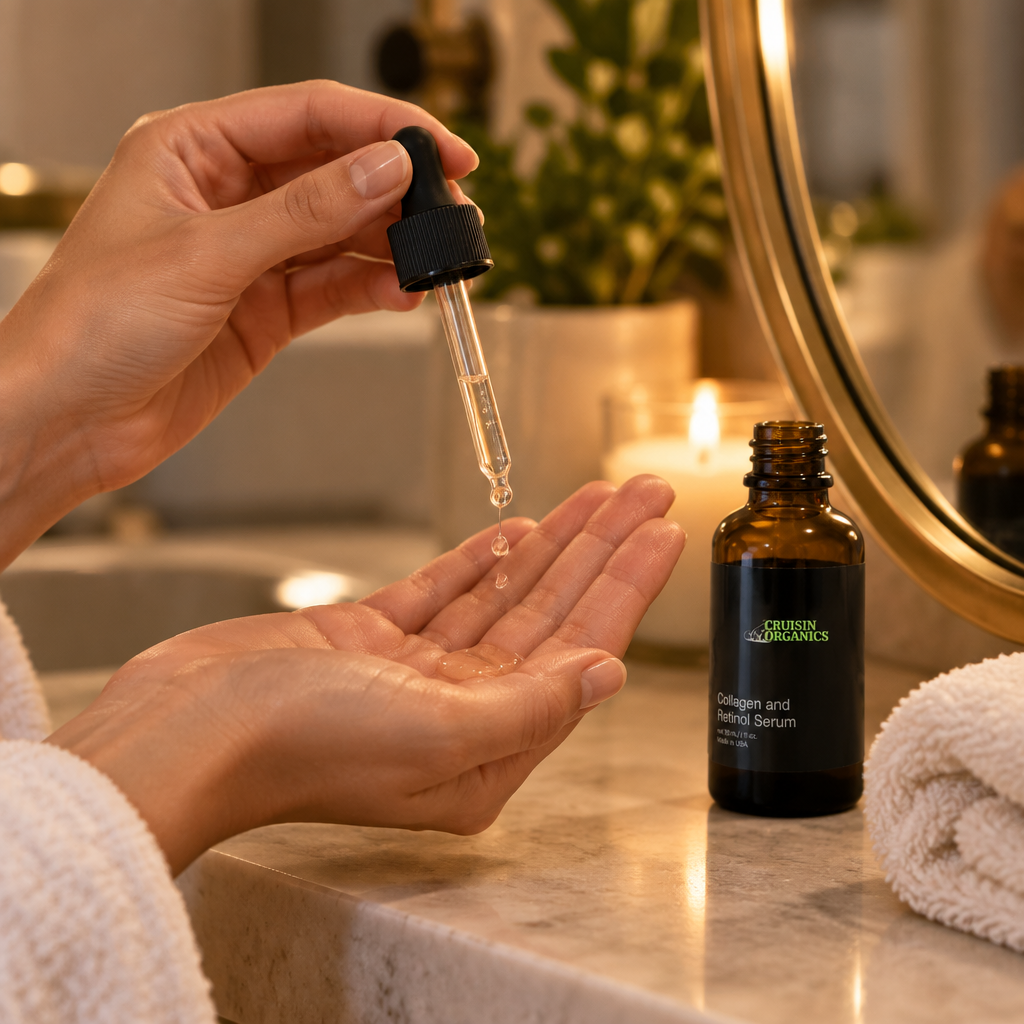 Hands dispensing Collagen and Retinol Serum from a dropper into a palm