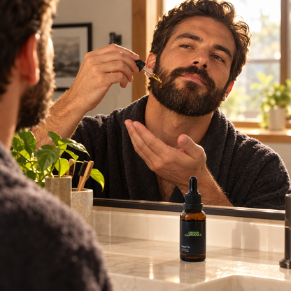 Man applying The Beard Growth Oil to his beard in a sunlit bathroom mirror