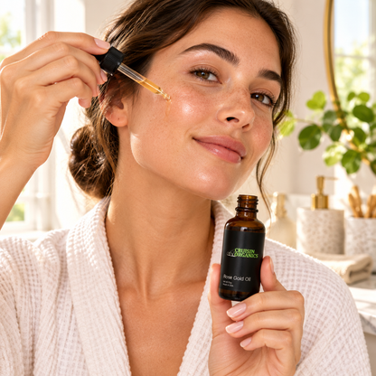 Woman applying Cruisin Organics Rose Gold Facial Oil to her cheek at a bathroom vanity