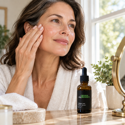 Woman pressing serum into her face beside a Collagen and Retinol Serum bottle