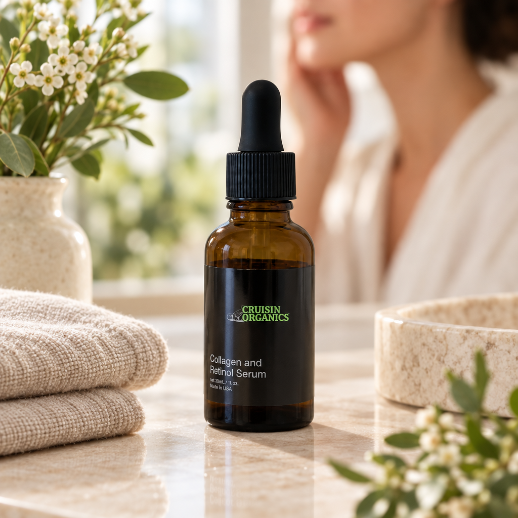Collagen and Retinol Serum bottle on a stone vanity with folded linen and botanicals