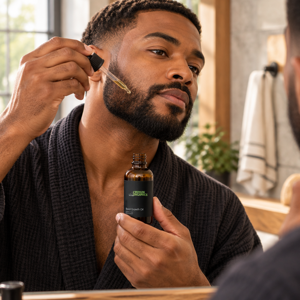 Man applying Cruisin Organics Beard Growth Oil to his beard in a bathroom mirror