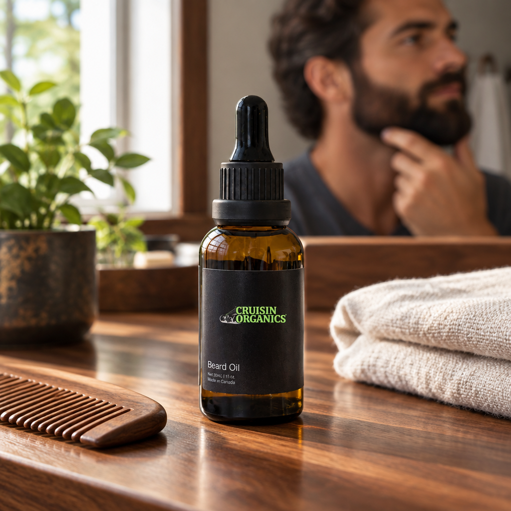 Daily Ritual Beard Oil bottle beside a wooden comb and folded towel on a vanity