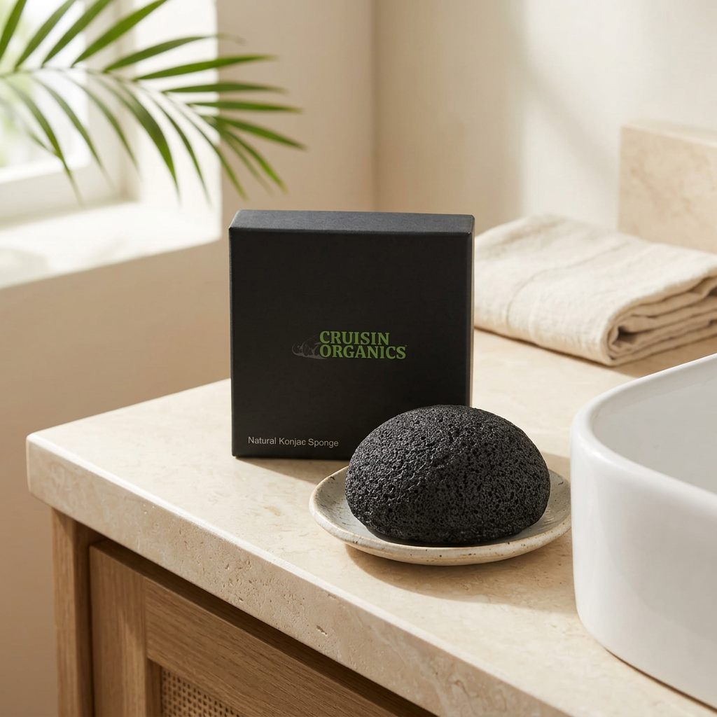 Konjac Sponge and packaging beside a bathroom sink