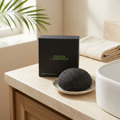 Konjac Sponge and packaging beside a bathroom sink