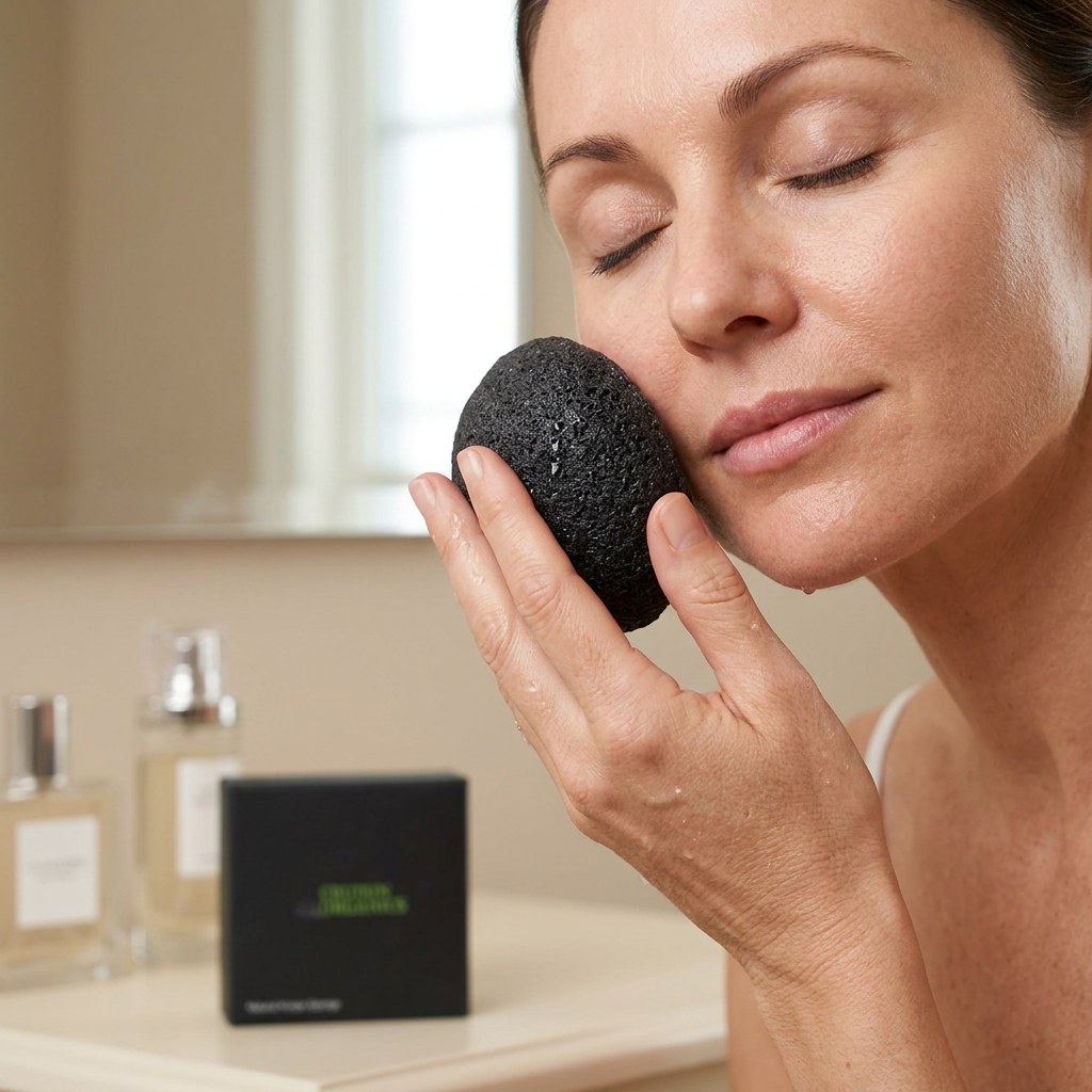Konjac Sponge being used to gently cleanse the cheek