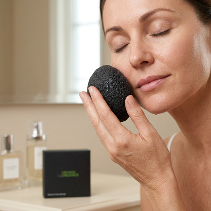 Konjac Sponge being used to gently cleanse the cheek
