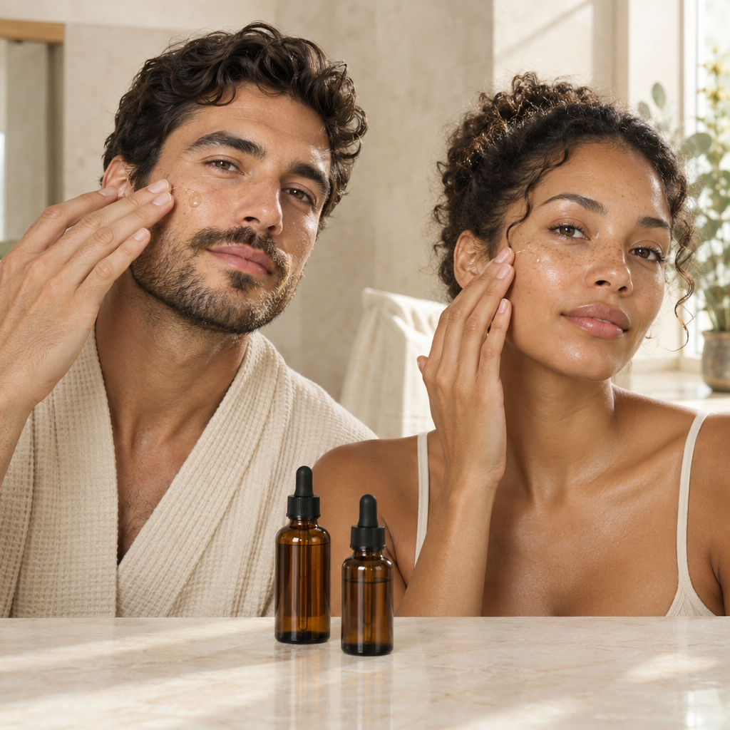Man and woman applying face serum with unbranded dropper bottles