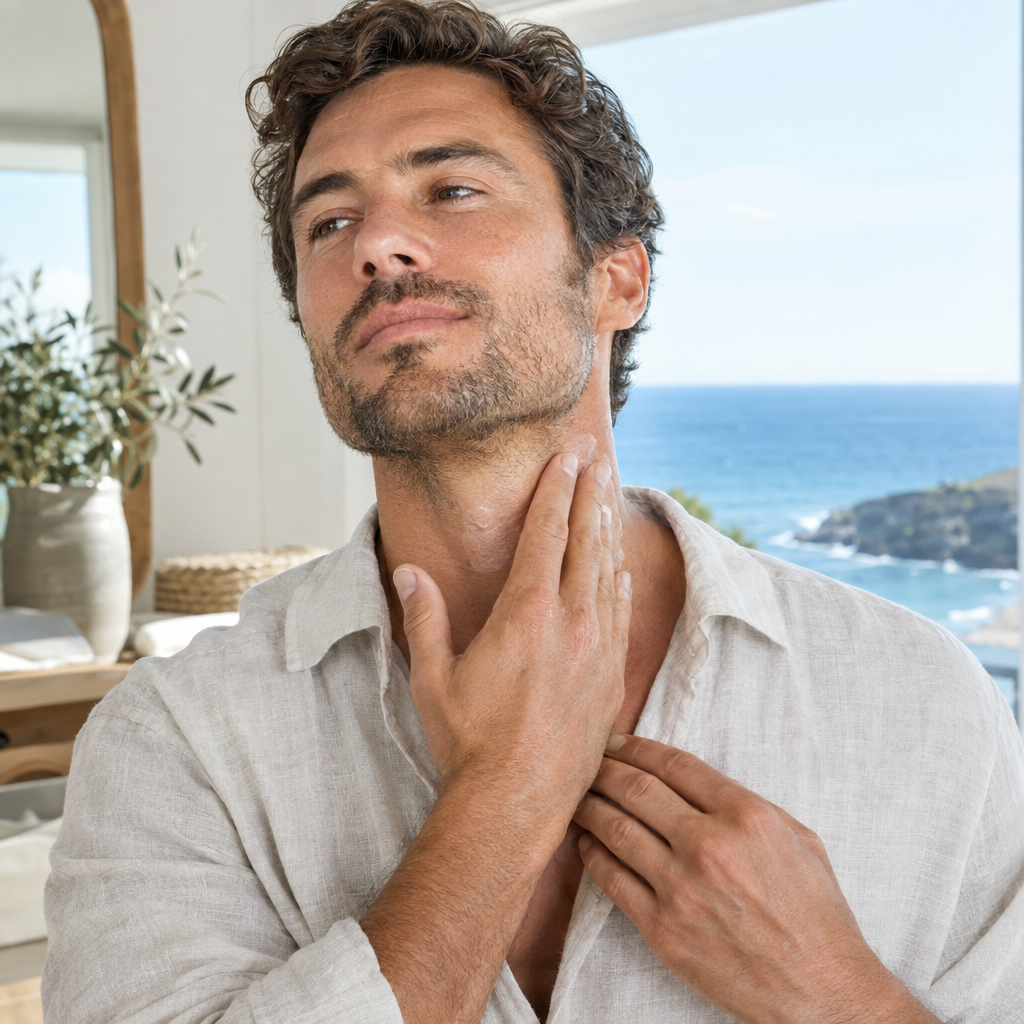 Man applying neck moisturizer