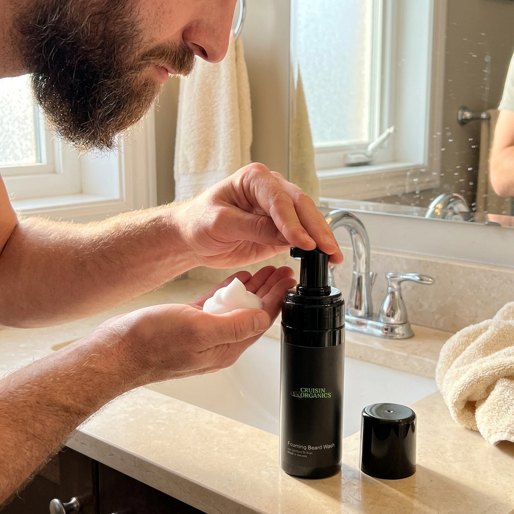 Man dispensing Foaming Beard Wash into his palm