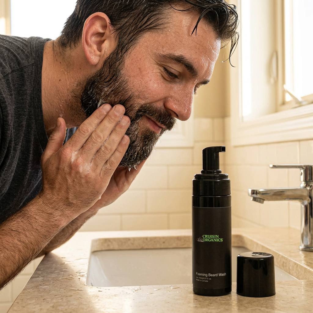 Man massaging Foaming Beard Wash into his beard