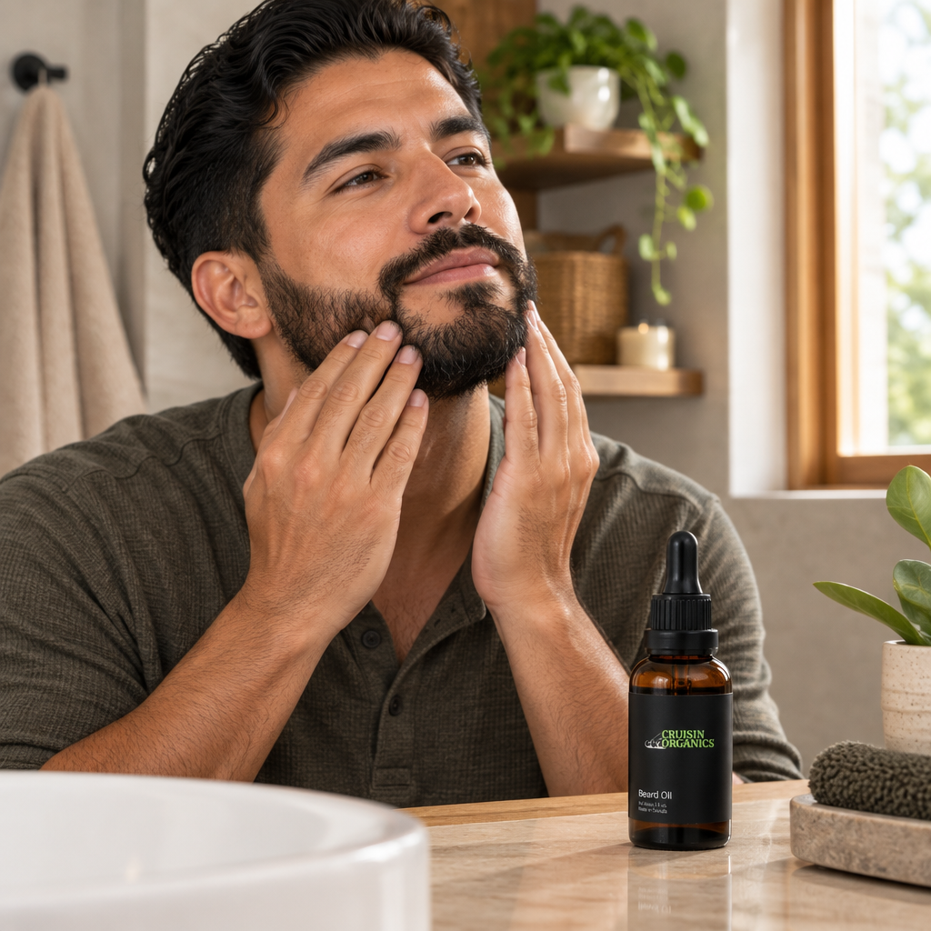Man massaging his beard beside a Cruisin Organics Daily Ritual Beard Oil bottle in a warm bathroom
