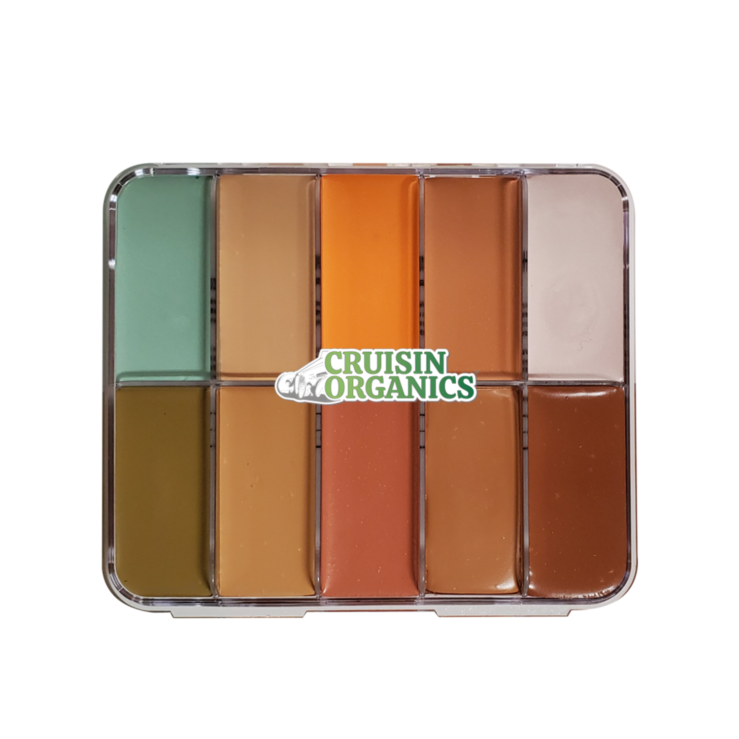 10 Palette HD Cream Foundation by Cruisin Organics, Colorful array.