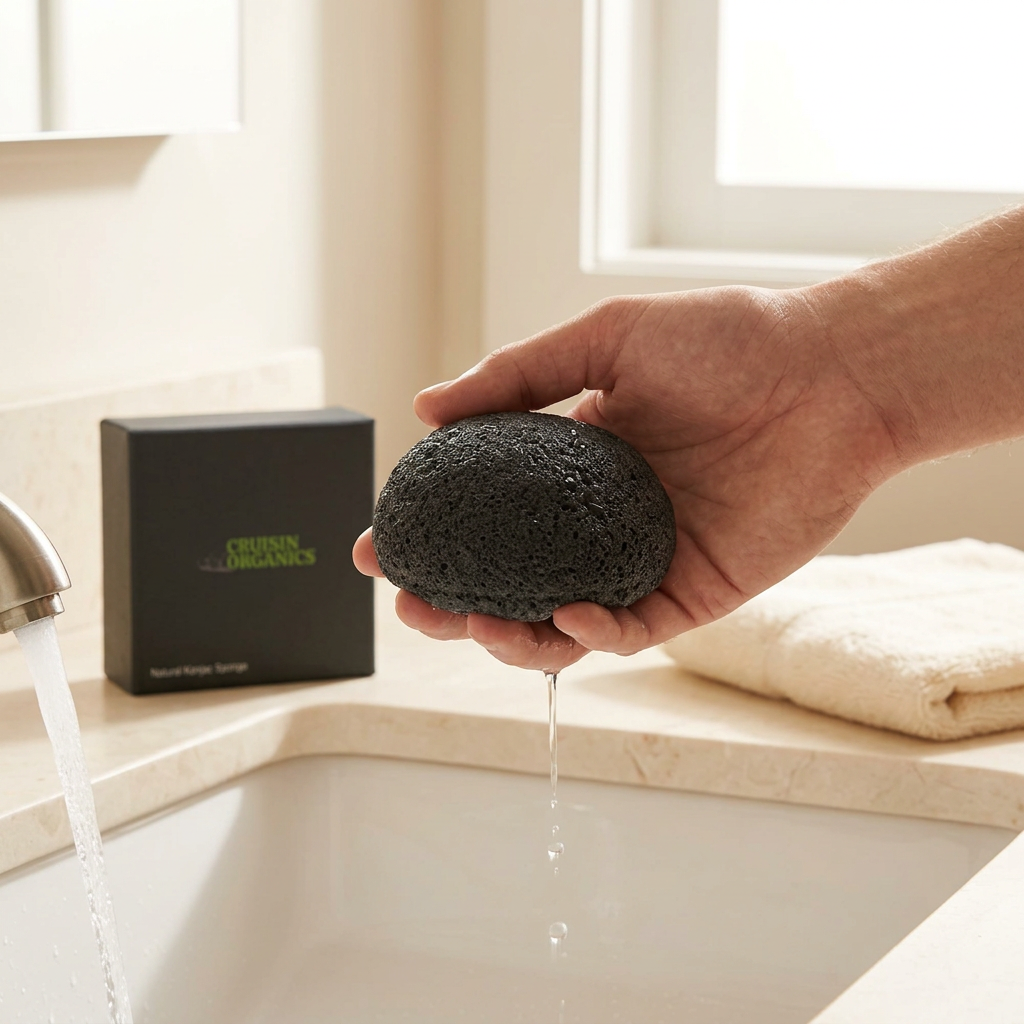 Moistened Konjac Sponge held above a bathroom sink