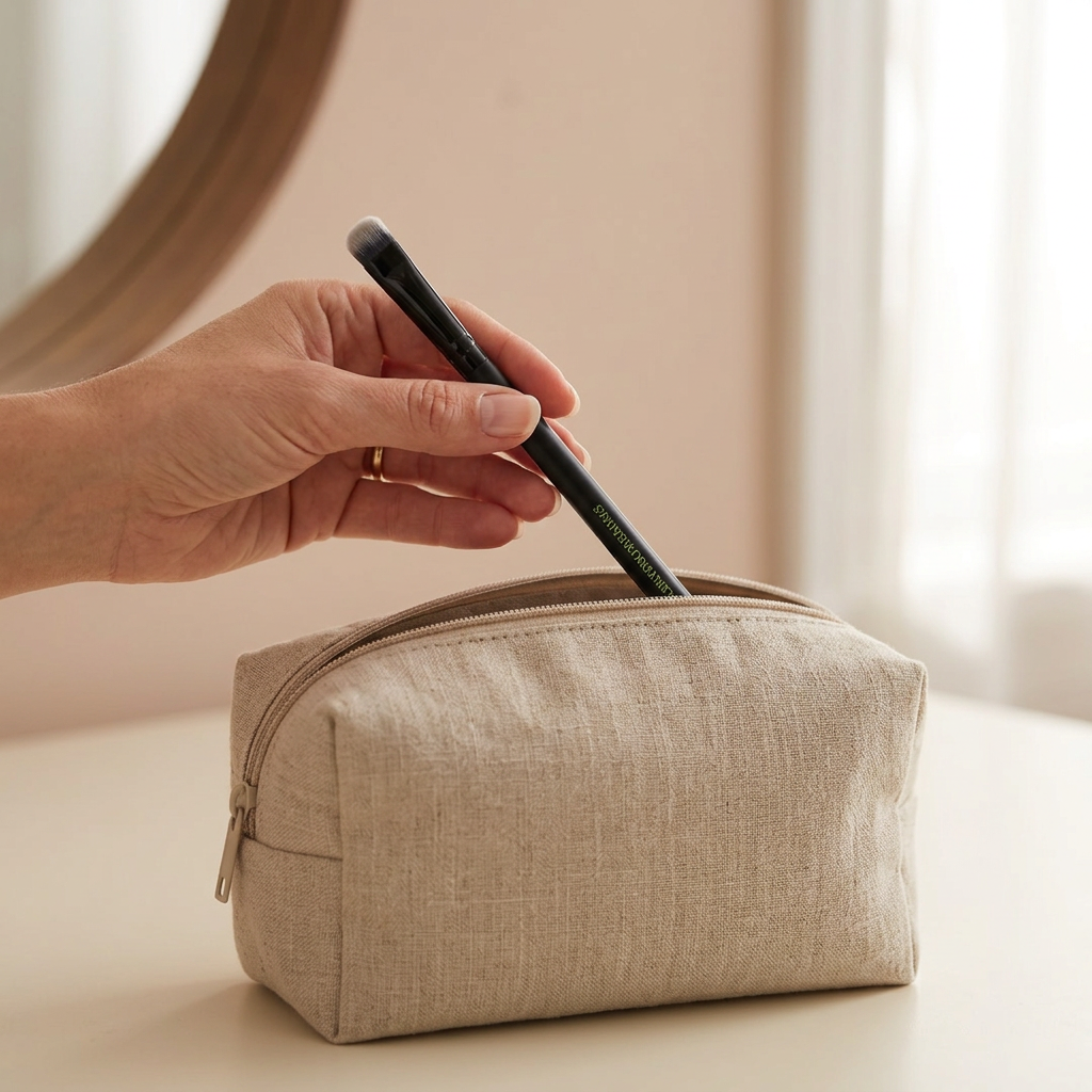 Packing Eye Brush being placed in a linen makeup bag