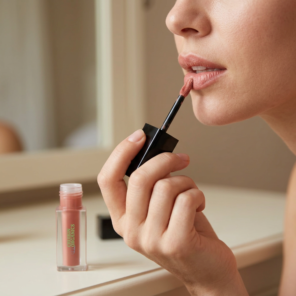 Pear lip stain being applied with its doe-foot applicator