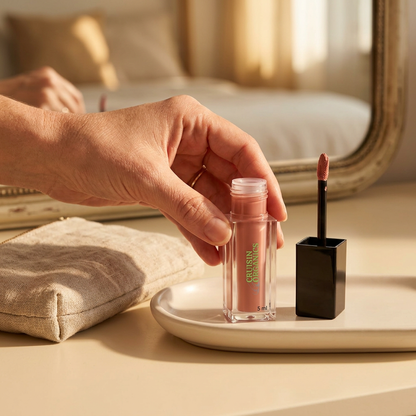 Pear lip stain held beside a linen makeup pouch