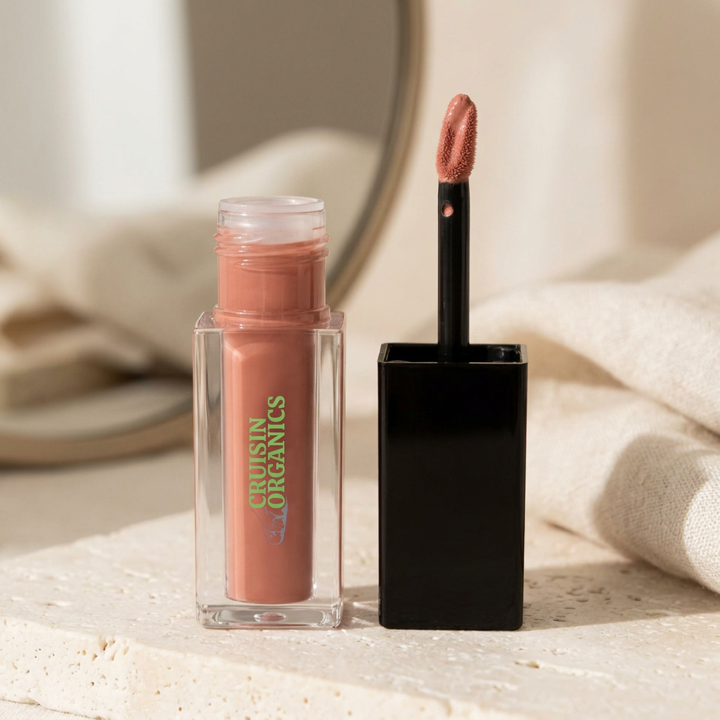 Pear lip stain on a sunlit vanity