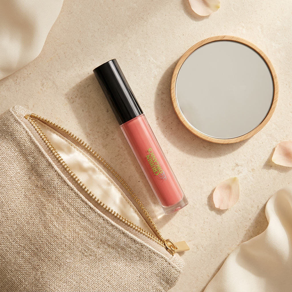 Pure Shine Lip Edit beside a linen makeup pouch