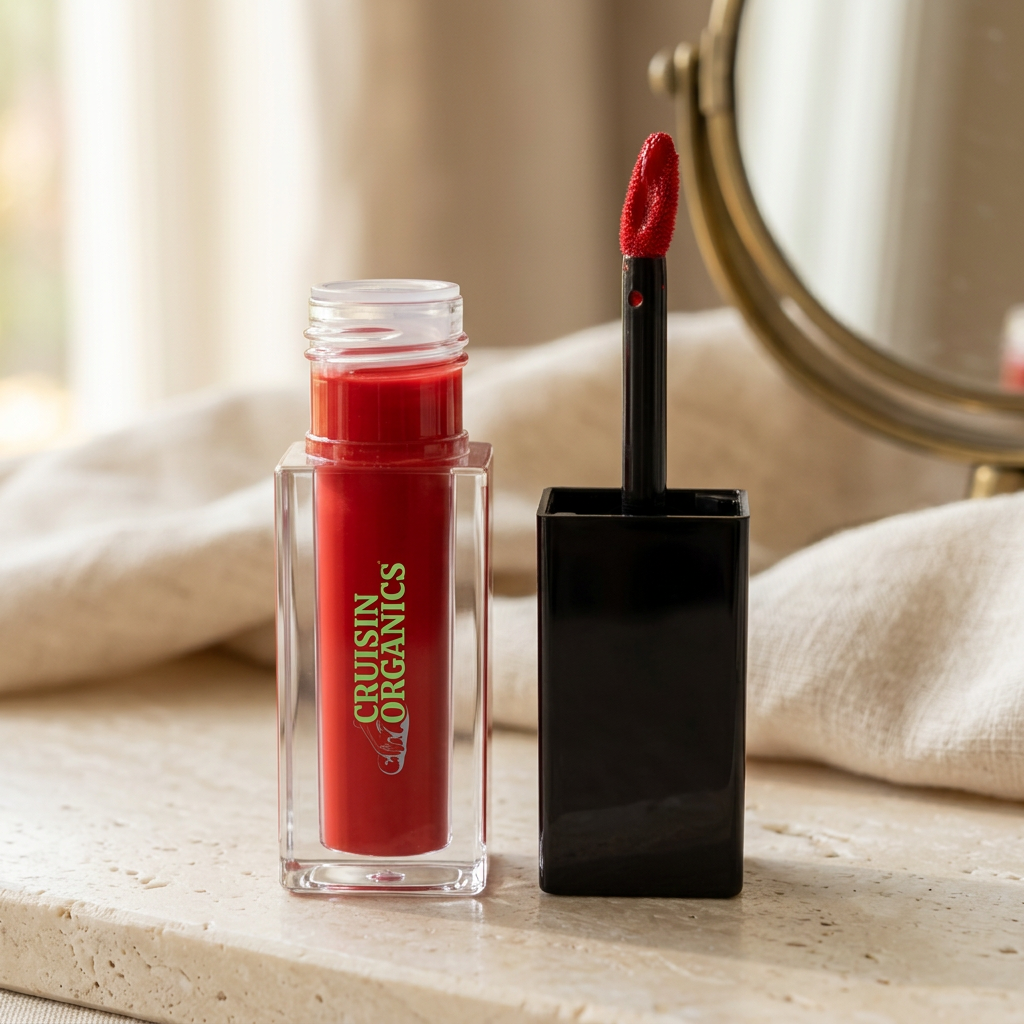 Red Velvet lip stain on an ivory vanity