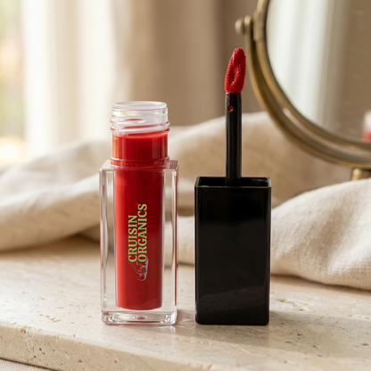 Red Velvet lip stain on an ivory vanity