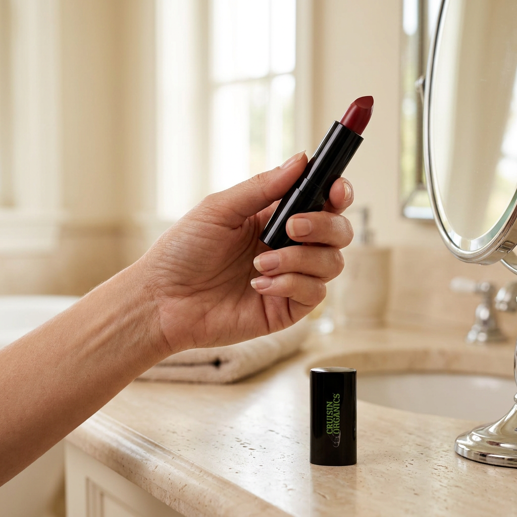 Runway Red lipstick held at a dressing mirror