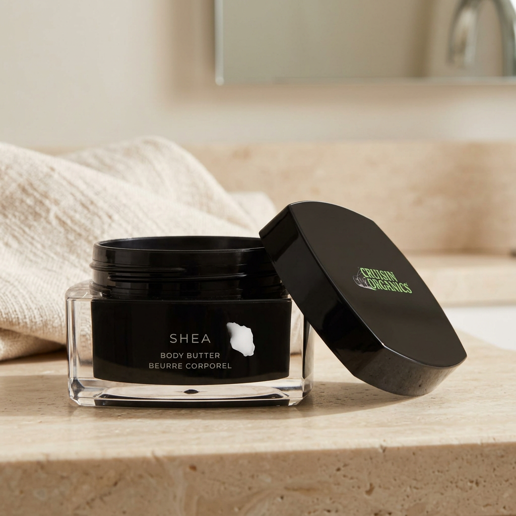 Shea Body Butter on an ivory bathroom vanity